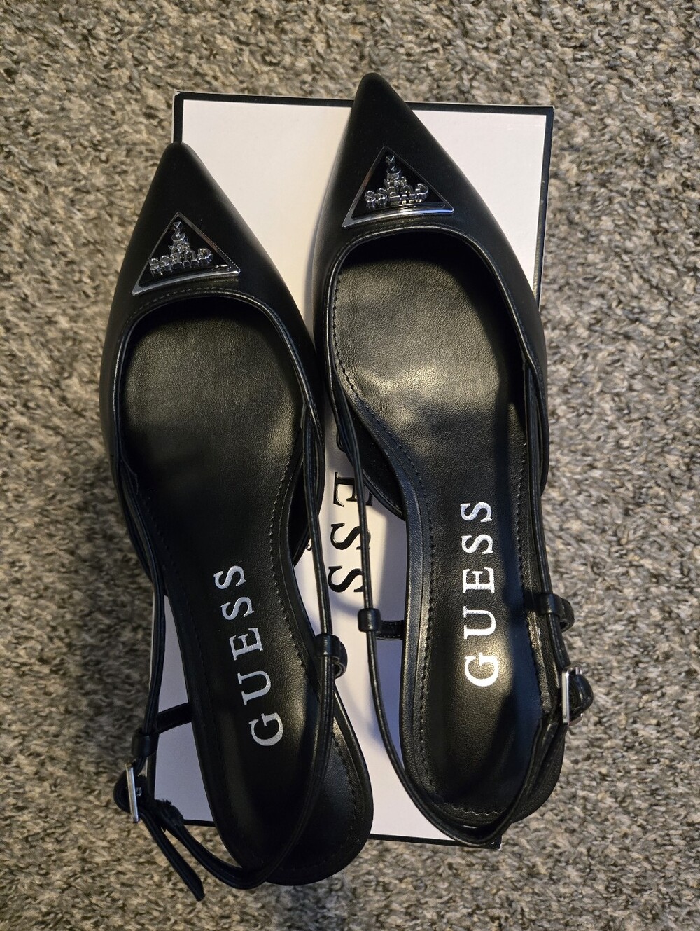 GUESS Black Pointed Slingback Heels with Logo Triangle